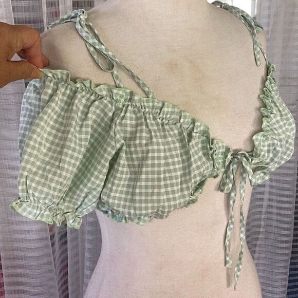 NWT Pretty Little Thing Bardot Ruffle Crop Gingham Top Women’s 10 Mint Green Whi - Picture 4 of 8